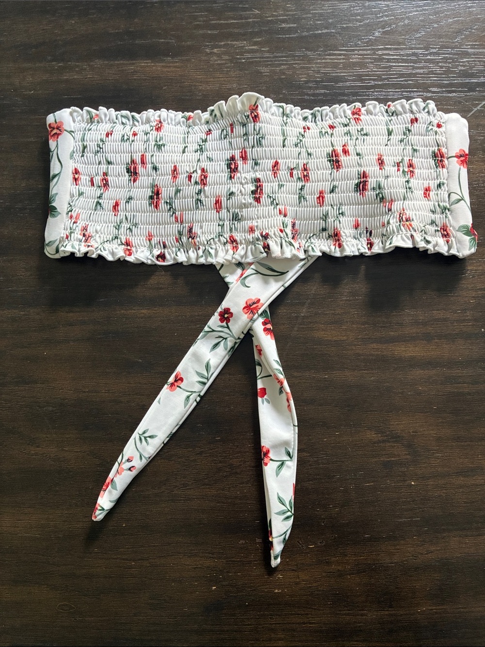Zaful White Floral Smocked Bandeau Bikini Top with Red Flowers